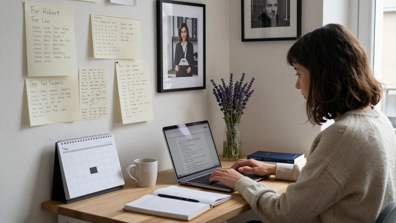 A woman’s home office in Paris with personalized notes, playlists, and books for her clients.