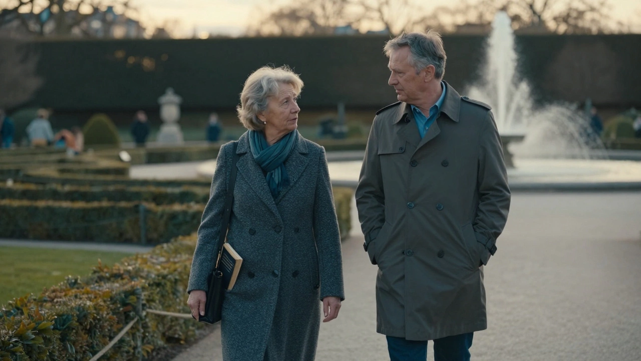 Two people walking peacefully through Luxembourg Gardens, engaged in thoughtful conversation.