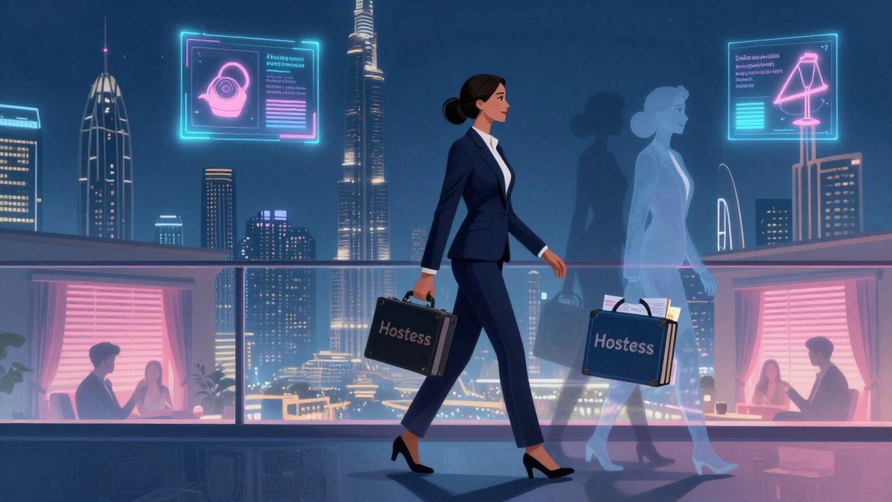 Woman walking through Dubai&#039;s skyline at night, her shadow split between her true self and her professional persona.